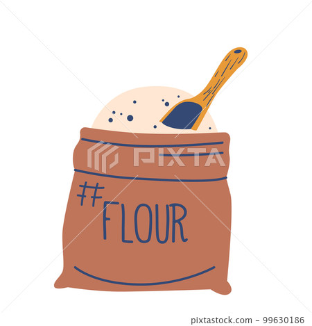 Burlap Sack Filled With Fine White Flour. Rough, Woven Bag With Scoop On Top. Authentic Concept Of Natural Food, Baking Burlap Sack Filled With Fine White Flour. Rough, Woven Bag With Scoop On Top. Authentic Concept Of Natural Food, Baking 99630186