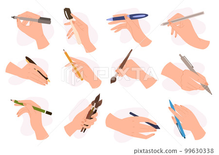 Set Of Human Hands Holding Various Writing Tools Such As Pencil, Pen Or Marker, Quill Pen And Paintbrush 99630338