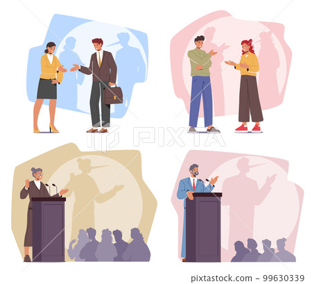 Set of Liar Characters Communicating and Speaking on Tribune with Shade Of Pinocchio On Wall. Concept of Hypocrisy 99630339