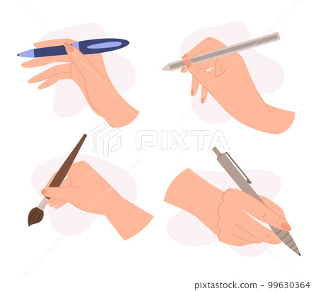 Human Hand Holding Pencil, Pen, Stylus And Paintbrush. Concept Of Back To School, Creativity, Art Classes Human Hand Holding Pencil, Pen, Stylus And Paintbrush. Concept Of Back To School, Creativity, Art Classes 99630364