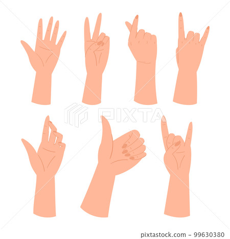 Set Of Hand Different Gestures, Open Palm, Victory, Finger Heart Symbol, Thumb Up or Rock. Arm Signaling, Convey Message 99630380