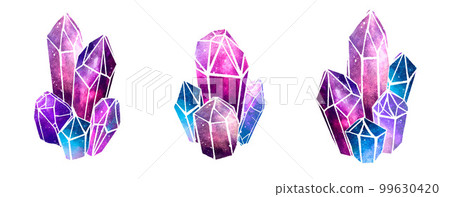 Watercolor colorful Crytal Gemstones isolated on white background Watercolor colorful Crytal Gemstones isolated on white background 99630420
