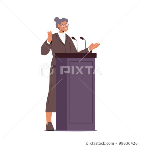 Female Character Giving Speech On Tribune Addressing A Large Audience With Passion And Conviction. Concept Female Character Giving Speech On Tribune Addressing A Large Audience With Passion And Conviction. Concept 99630426
