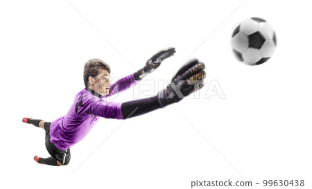 Goalkeeper in action. Goalkeeper catching ball in jump. The concept of sport. Silhouette of sportsmen with ball isolated on white background 99630438