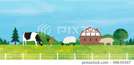 旅游牧場水彩畫側視牛、豬、羊和雞 99630487