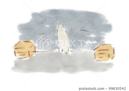 A sad back view. A little egret peering into the surface of the water at a fishing pond. watercolor sketch illustration 99630542