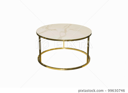 White stone table on a golden stand on a white background. Interior  99630746