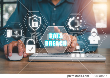 Cyber security data protection business technology privacy concep, Person using computer and hand touching data breach icon on virtual screen. Cyber security data protection business technology privacy concep, Person using computer and hand touching data breach icon on virtual screen. 99630833