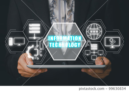 Information technology concept, Business woman usin digital tablet with information technology icon on virtual screen. 99630834