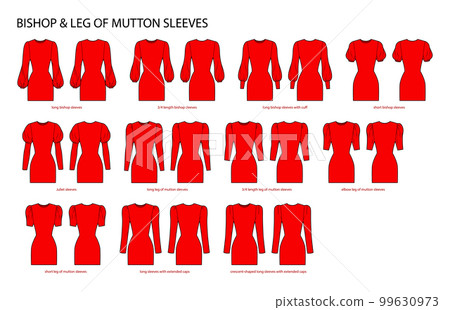 Set of Bishop and Leg of mutton sleeves clothes with cuff, Juliet, extended cups technical fashion illustration, fitted 99630973