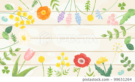 Illustration combining spring flowers such as rape blossoms and tulips with a wooden board, aspect ratio 16:9 version 99631264