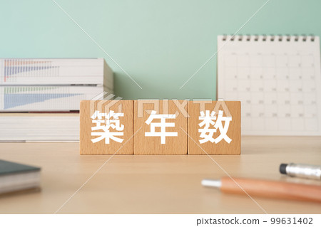 A desk with a block written as the age of the building 99631402