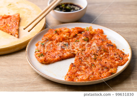 Kimchi pancake (Kimchi jeon or kimchi buchimgae) on plate eating with soy dipping sauce, Korean food Kimchi pancake (Kimchi jeon or kimchi buchimgae) on plate eating with soy dipping sauce, Korean food 99631830