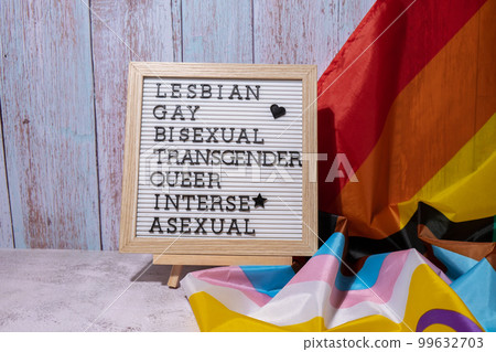 LGBTQIA description frame on Rainbow LGBTQIA flag made from silk material. LESBIAN, GAY, BISEXUAL, TRANSGENDER, QUEER, INTERSEX, ASEXUAL Symbol of LGBTQ pride month. Equal rights. Peace and freedom 99632703
