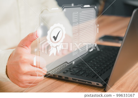 Businessman working with sign of the top service quality assurance on virtual screen. Guarantee, Standards, ISO certification and standardization concept. Businessman working with sign of the top service quality assurance on virtual screen. Guarantee, Standards, ISO certification and standardization concept. 99633167