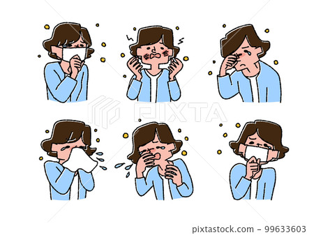Illustration set of a woman with symptoms of hay fever 99633603