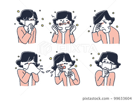 Illustration set of a woman with symptoms of hay fever 99633604