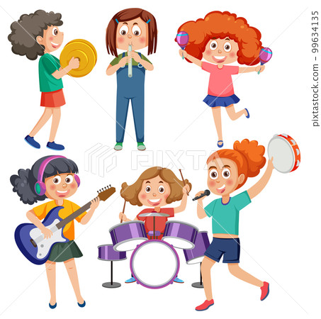 Set of cartoon kids character with music instruments 99634135