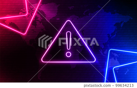Attention Danger Hacking. Neon Symbol on Blue and Pink Map Background. Security protection, Malware, Hack Attack, Data Breach. System hacked error, Attacker alert sign computer virus.Ransomware.Vector Attention Danger Hacking. Neon Symbol on Blue and Pink Map Background. Security protection, Malware, Hack Attack, Data Breach. System hacked error, Attacker alert sign computer virus.Ransomware.Vector 99634213
