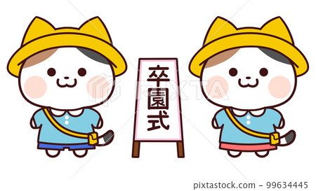 Graduation ceremony signboard and calico cat in light blue kindergarten clothes Graduation ceremony signboard and calico cat in light blue kindergarten clothes 99634445