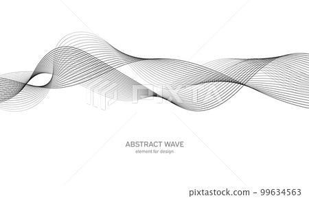 Abstract wave element for design. Digital frequency track equalizer. Stylized line art background. Vector illustration. Wave with lines created using blend tool. Curved wavy line, smooth stripe. 99634563