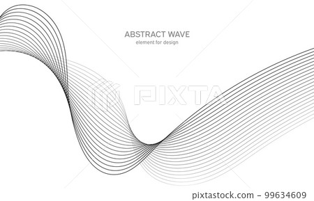 Abstract wave element for design. Digital frequency track equalizer. Stylized line art background. Vector illustration. Wave with lines created using blend tool. Curved wavy line, smooth stripe. 99634609