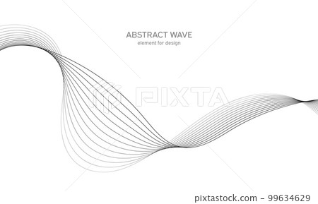 Abstract wave element for design. Digital frequency track equalizer. Stylized line art background. Vector illustration. Wave with lines created using blend tool. Curved wavy line, smooth stripe. 99634629