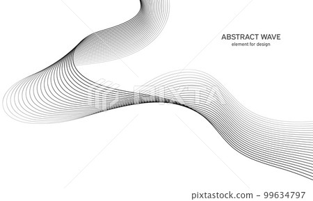 Abstract wave element for design. Digital frequency track equalizer. Stylized line art background. Vector illustration. Wave with lines created using blend tool. Curved wavy line, smooth stripe. 99634797