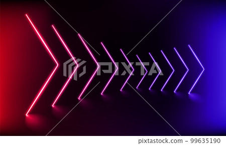 Podium, road, pedestal or platform with neon luminous arrows on blue and pink background. 3d render. Abstract panoramic neon ray backdrop. Neon magic arrow showing direction right. Vector illustration Podium, road, pedestal or platform with neon luminous arrows on blue and pink background. 3d render. Abstract panoramic neon ray backdrop. Neon magic arrow showing direction right. Vector illustration 99635190