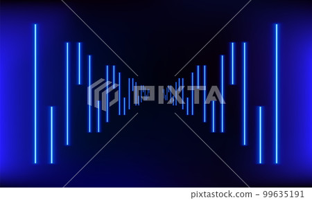 Podium, road, pedestal or platform with neon luminous rays on blue background. Stage with scenic lights. Abstract 3D neon background. Neon magic lights line. Motion shine blue. Vector illustration Podium, road, pedestal or platform with neon luminous rays on blue background. Stage with scenic lights. Abstract 3D neon background. Neon magic lights line. Motion shine blue. Vector illustration 99635191
