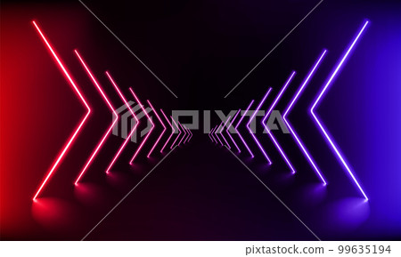 Podium, road, pedestal or platform with neon luminous rays on blue and pink background. Stage with scenic lights. Abstract neon backdrop. Neon magic lights arrow line. Motion shine.Vector illustration 99635194