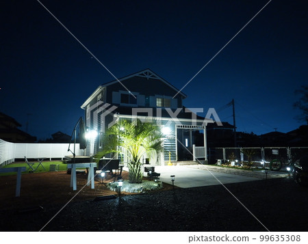 American garage house with palm trees night view American garage house with palm trees night view 99635308
