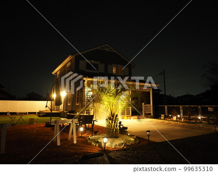 American garage house with palm trees night view 99635310