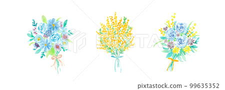 Watercolor. Hand drawn bouquet vector illustration with watercolor touch. Spring bouquet illustration. Bouquet of blue roses and leaves. 99635352