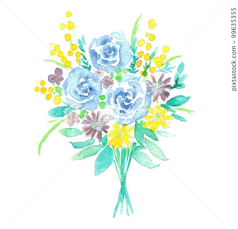 Watercolor. Hand drawn bouquet vector illustration with watercolor touch. Spring bouquet illustration. Bouquet of blue roses and leaves. Watercolor. Hand drawn bouquet vector illustration with watercolor touch. Spring bouquet illustration. Bouquet of blue roses and leaves. 99635355