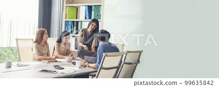 Banner Group of business people meeting in conference room. Panorama Asian businesspeople brainstorm teamwork partnership. Happy teams meeting graph chart business data meeting room with copy space Banner Group of business people meeting in conference room. Panorama Asian businesspeople brainstorm teamwork partnership. Happy teams meeting graph chart business data meeting room with copy space 99635842