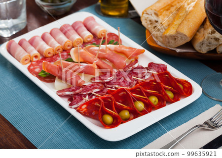 Spanish sausage sliced - chorizo, fuet, jamon, salami, Spanish sausage sliced - chorizo, fuet, jamon, salami, 99635921