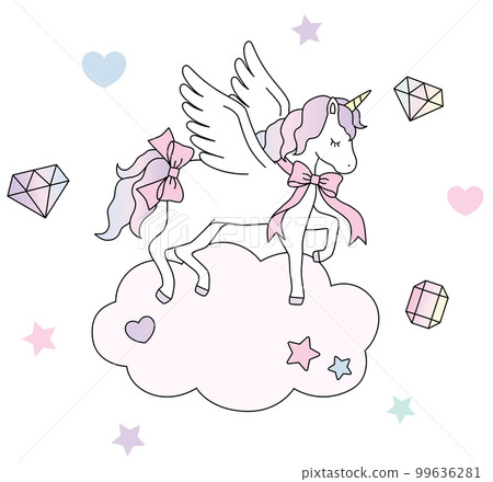 一隻可愛的獨角獸,帶著絲帶和寶石 Yumekawa 插圖素材 一隻可愛的獨角獸,帶著絲帶和寶石 Yumekawa 插圖素材 99636281