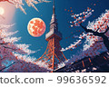 夜櫻花和東京塔的夜景 99636592
