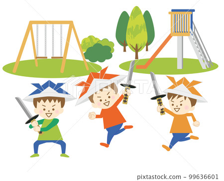 A set of boys wearing paper helmets, holding toy swords in the park, and playing pretend 99636601