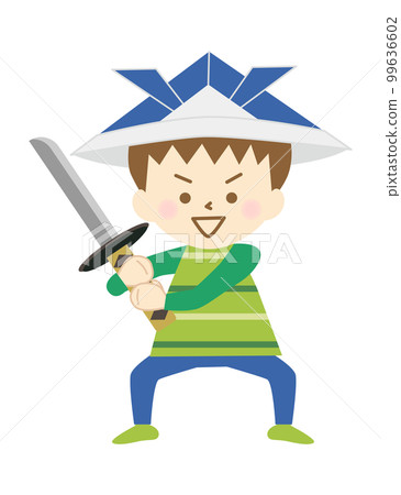 A boy wearing a paper helmet and pretending to play with a sword ③ 99636602
