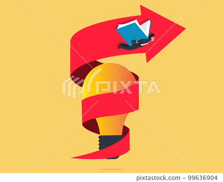 Businessman flying with book wings circling a light bulbs. Businessman flying with book wings circling a light bulbs. 99636904