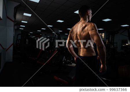 Back view of shirtless man with sculpted body in gym.  99637366