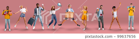 Happy multiracial millennials tourists having fun while travelling, web-banner 99637656