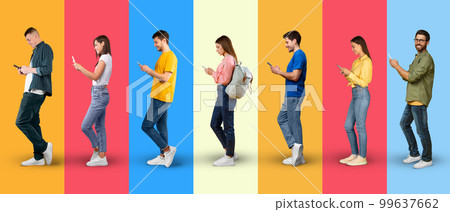 Smiling busy young european people in casual typing on smartphones, watch video 99637662