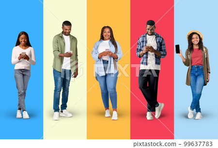Smiling young black people in casual typing on smartphones, show phone with empty screen 99637783