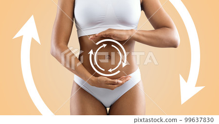 Young slim black woman in white lingerie with abstract lines and arrows doing belly massage Young slim black woman in white lingerie with abstract lines and arrows doing belly massage 99637830