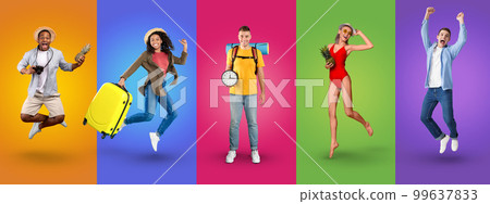Diverse multiethnic people tourists jumping in the air, collage 99637833