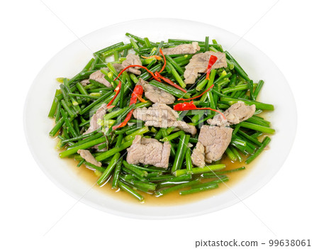 stir-fried pork and garlic chive isolated stir-fried pork and garlic chive isolated 99638061