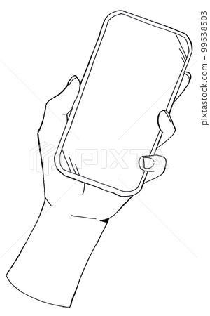 一隻手拿著智能手機簡單的線條畫插圖 99638503